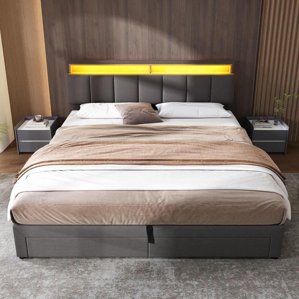Luxe LED Gestoffeerd Bed met Opbergruimte 160x200 cm, Tweepersoonsbed met 2 Lades, Verstelbaar Hoofdbord en Lattenbodem – Modern Boxspring Design
