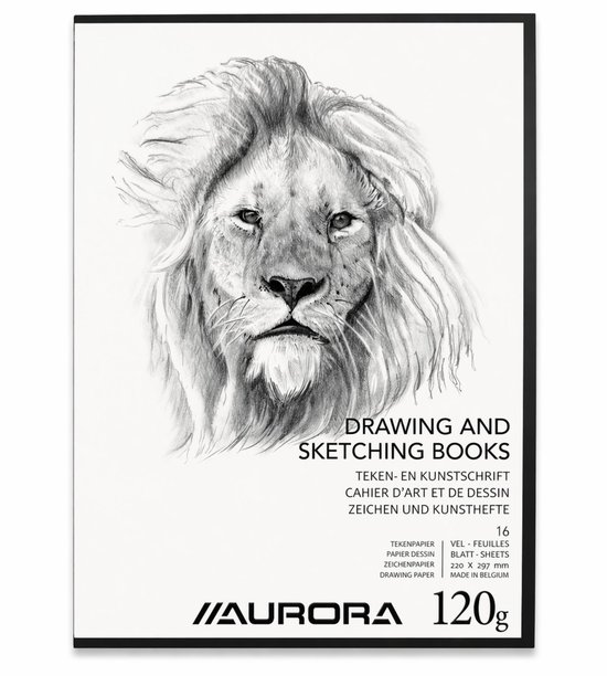 Carnet de dessin et croquis Aurora A4, 120gr. Couverture avec dessin au crayon d'un lion et texte.
