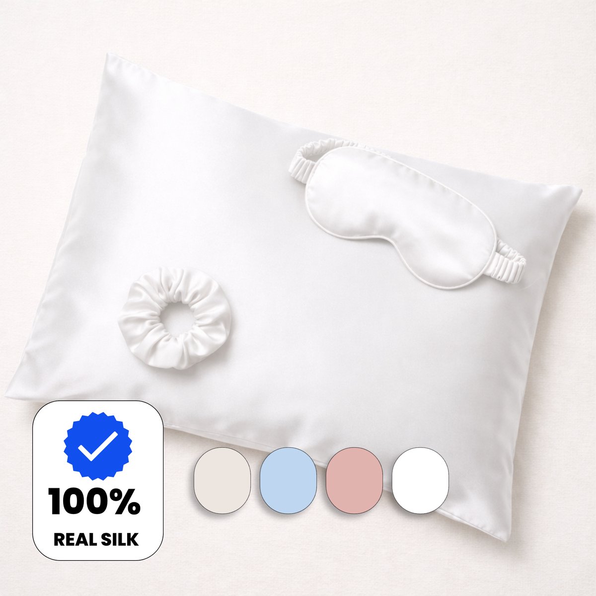 Muné Bedding Zijden Set 3-delig - Kussensloop 60x70 + Slaapmasker + Scrunchie - 100% Moerbeizijde 19 Momme - Silk Pillowcase - Wit