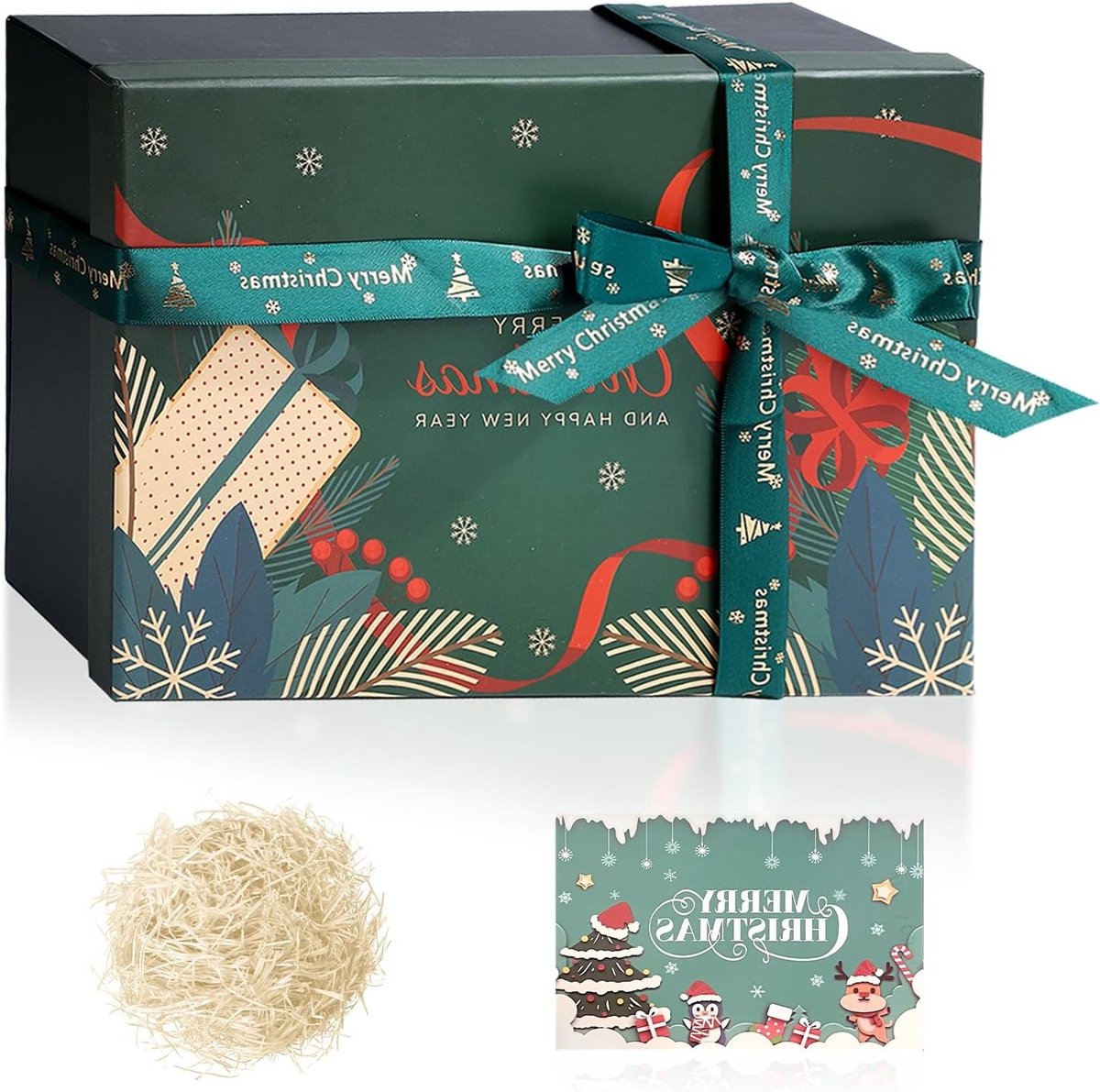 Grote Kerstcadeau Doos met Deksel: 29 x 22 x 10.5 cm, Luxe en Stevige Cadeauverpakking, Inclusief Wenskaart, Lint en Vouwbare Ontwerp