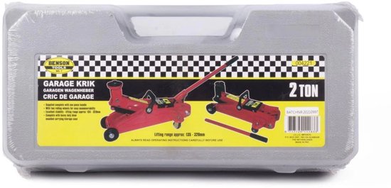 Grijze koffer met rode autokrik, 2 ton, met hendel. 'Garage Krik' en 'Benson Tools' logo.