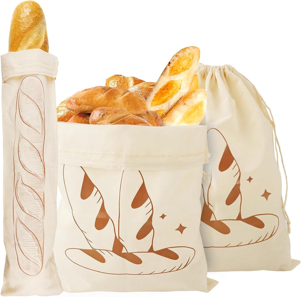 Linnen Broodzakken Set van 3, Herbruikbare Opbergzakken voor Brood, Baguettes en Fruit met Touwsluiting, 31 x 38 cm en 16 x 64 cm