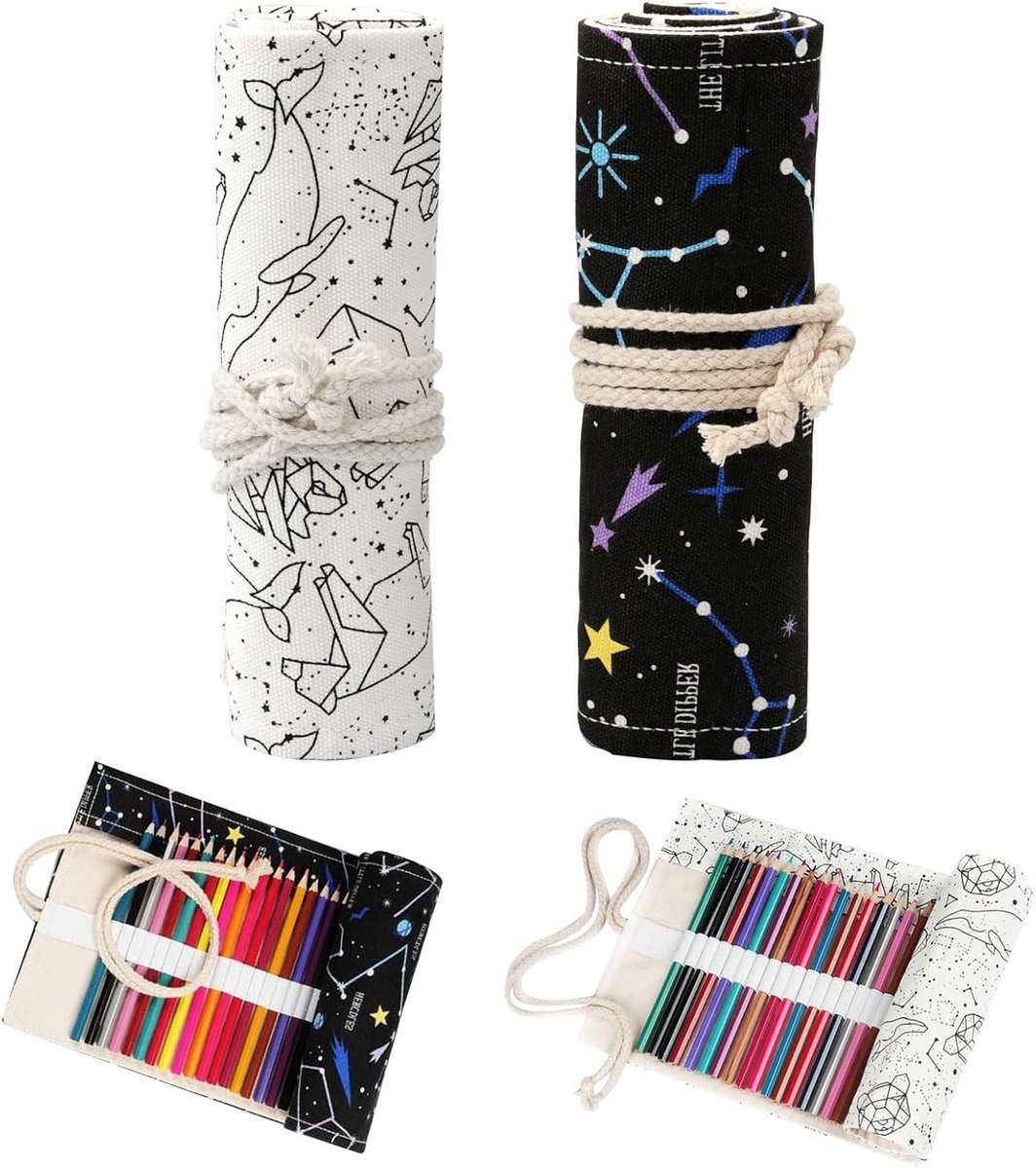 Canvas Pennenroller met 36 Gaten - 2 Stuks - Ideaal voor Kunstenaars, Schetsen en Scholen - Constellatiepatroon Pencil Case Roll