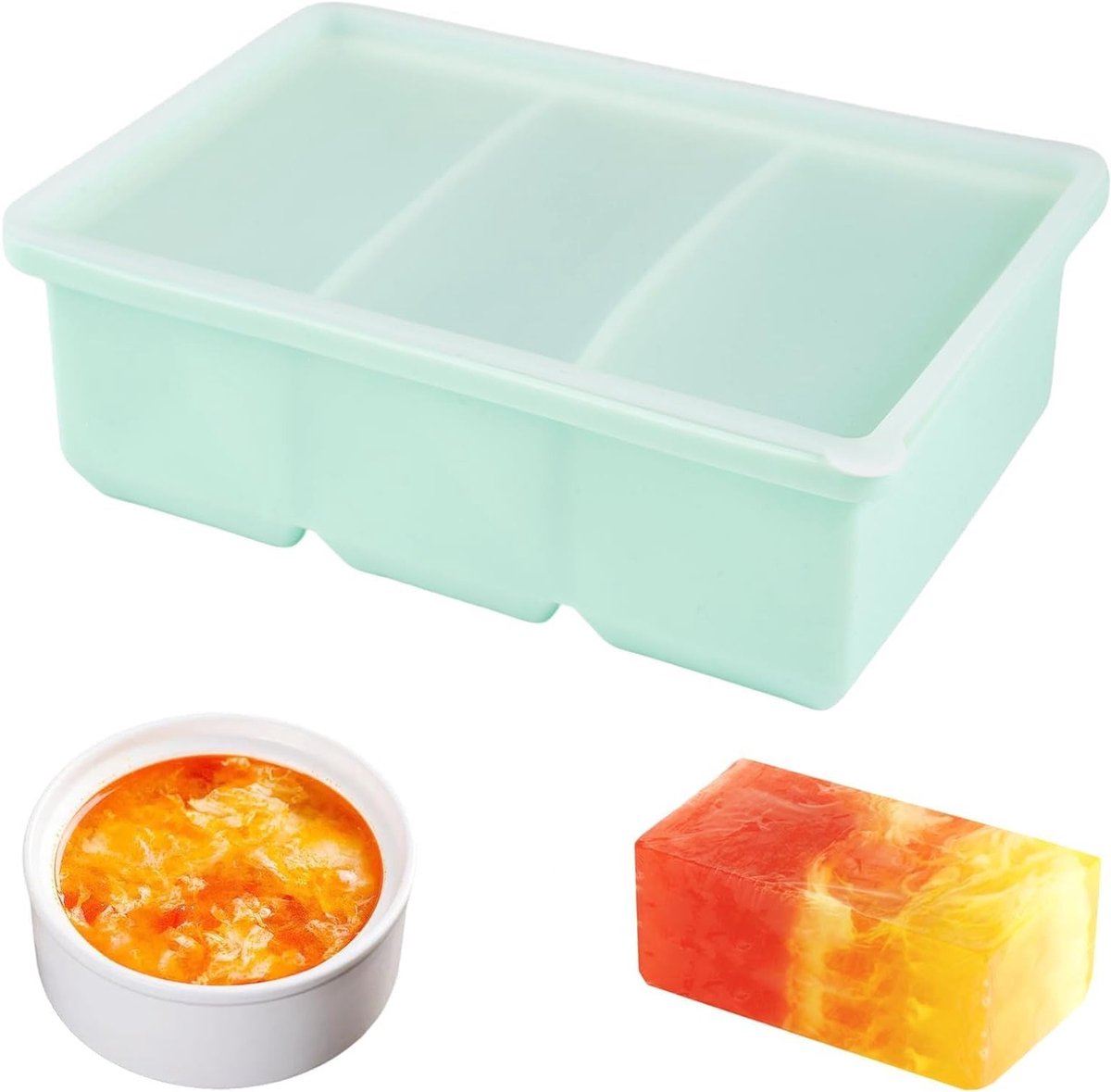Souper Cubes Silicone Freeze Mould - Silicone Vriesvorm voor Soep, Bouillon, Saus en IJsblokjes, 3 Holes, Met Deksel, 16.5 x 11.5 x 5.8 cm, Ideaal voor Invriezen en Bewaren