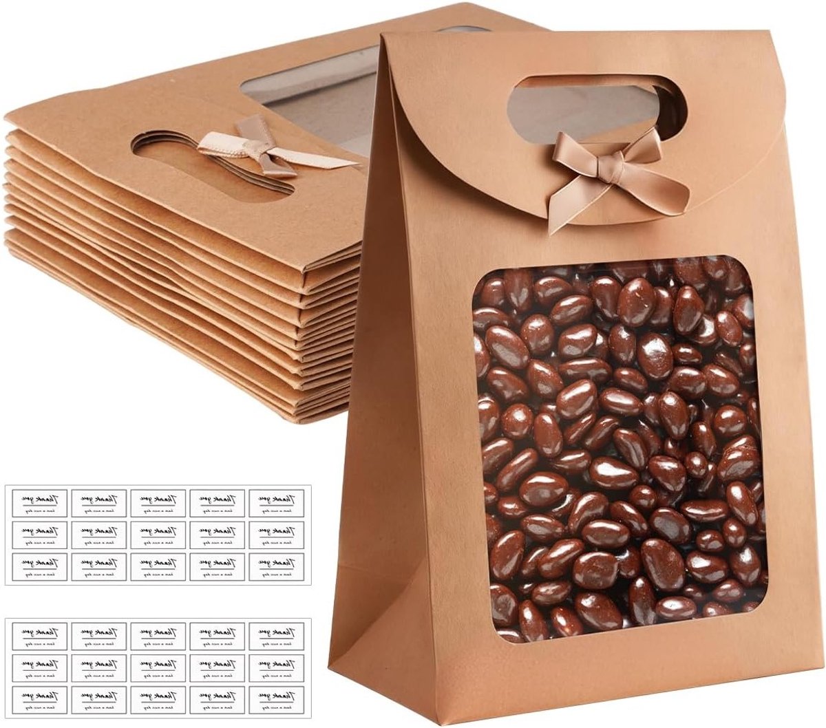Kraft Papieren Cadeauzakken met Venster - 12 Stuks - 20x14x7cm - Perfect voor Snoep, Koekjes en Kleine Cadeaus