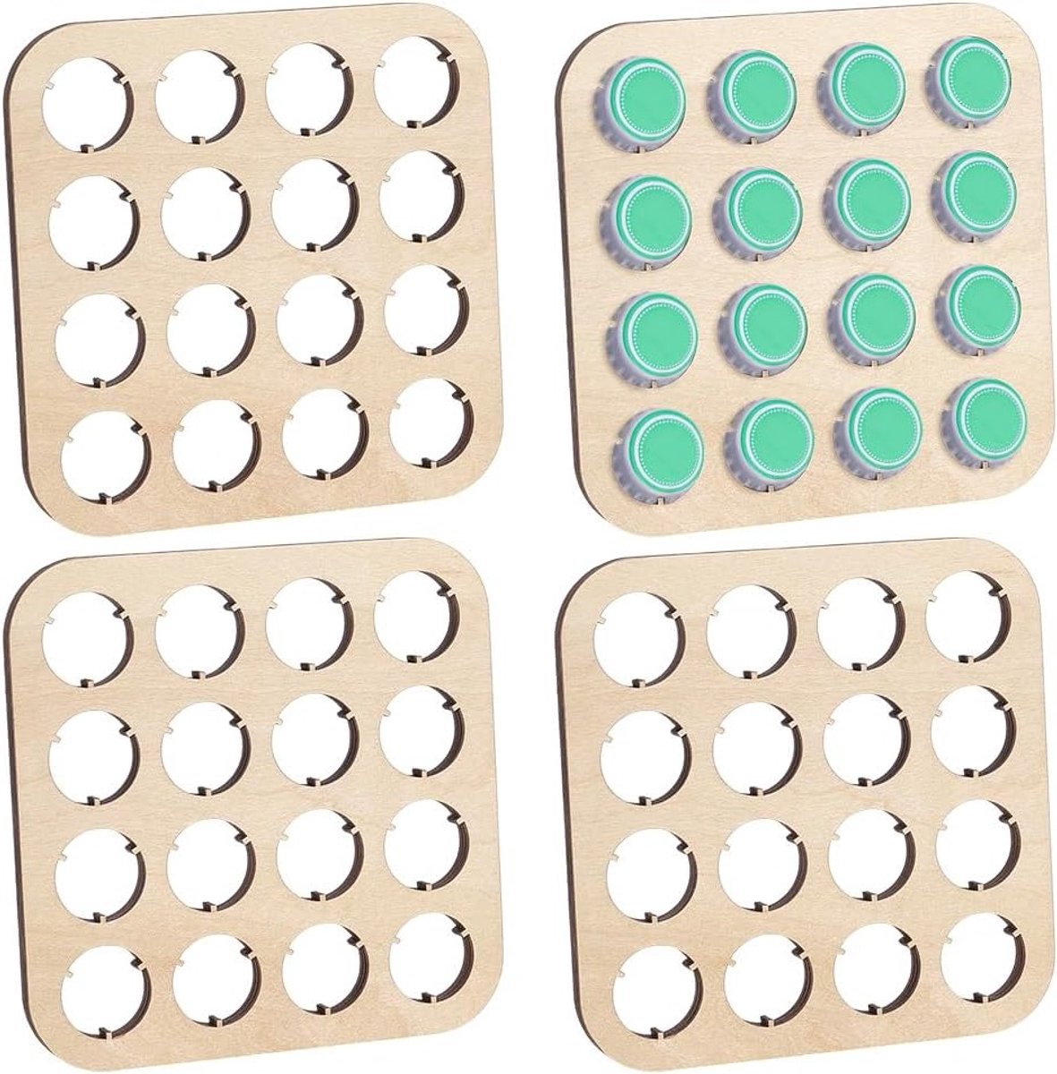 4-delige houten flessendop organizer met 16 slots, 11x11cm, vierkant, ideaal voor flessendopcollectie, interieurdecoratie en barpresentatie