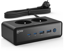 Voomy 20W Stekkerdoos - 2 USB-C & 2 USB-A Poorten - 2 Stopcontacten - Aan / Uit schakelaar - Snellader voor Laptop, Telefoon & Tablet - Oplader, Adapter, Verlengsnoer - Zwart