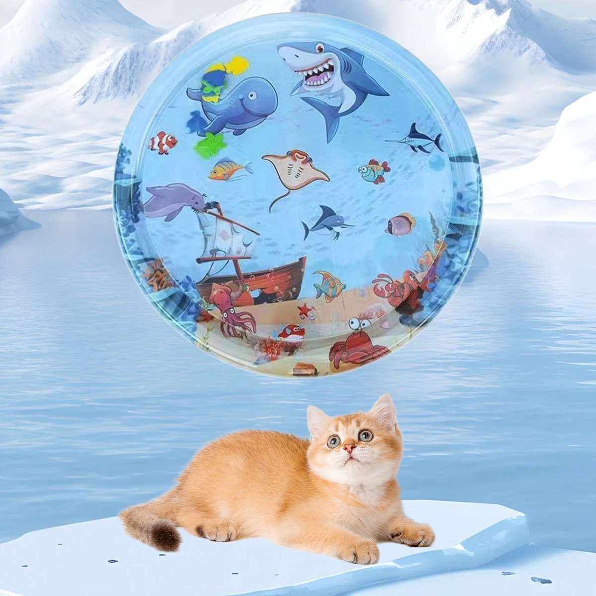 Water Speelmat Voor Kat En Hond Met Pomp - Opblaasbare Koelmat Met Water Sensor En Vis Motief - Duurzame PVC Katten Speelmat 65x65 cm - Interactieve Watermat Voor Huisdieren Voor Spelen Koelen En Sensorisch Vermaak thumbnail 2