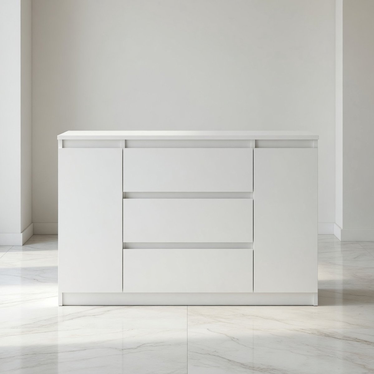 Moderne Commode 140 cm – Dressoir met 3 Laden en 2 Deuren – Handgreeploze Ladekast / Opbergkast – Wit Mat – 16 mm Gelamineerd Hout – Ruimtebesparend Design voor Slaapkamer, Woonkamer en Hal | Mobili Bella