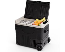 Auronic Elektrische Koelbox - Compressor - 2 Zones - 45L - 12/24V en 240V - Koelen en Vriezen - Camping Koelkast - Frigobox Auto - Met Wielen en Hendel - Zwart