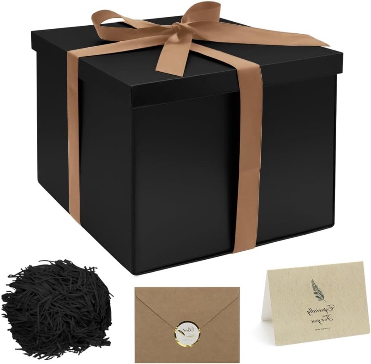 Grote Zwarte Cadeau Doos met Deksel, 23 x 23 x 18 cm, Vouwbaar met Handvat, Inclusief Wenskaart en Jute, Perfect voor Cadeauverpakking en Feestelijke Gelegenheden