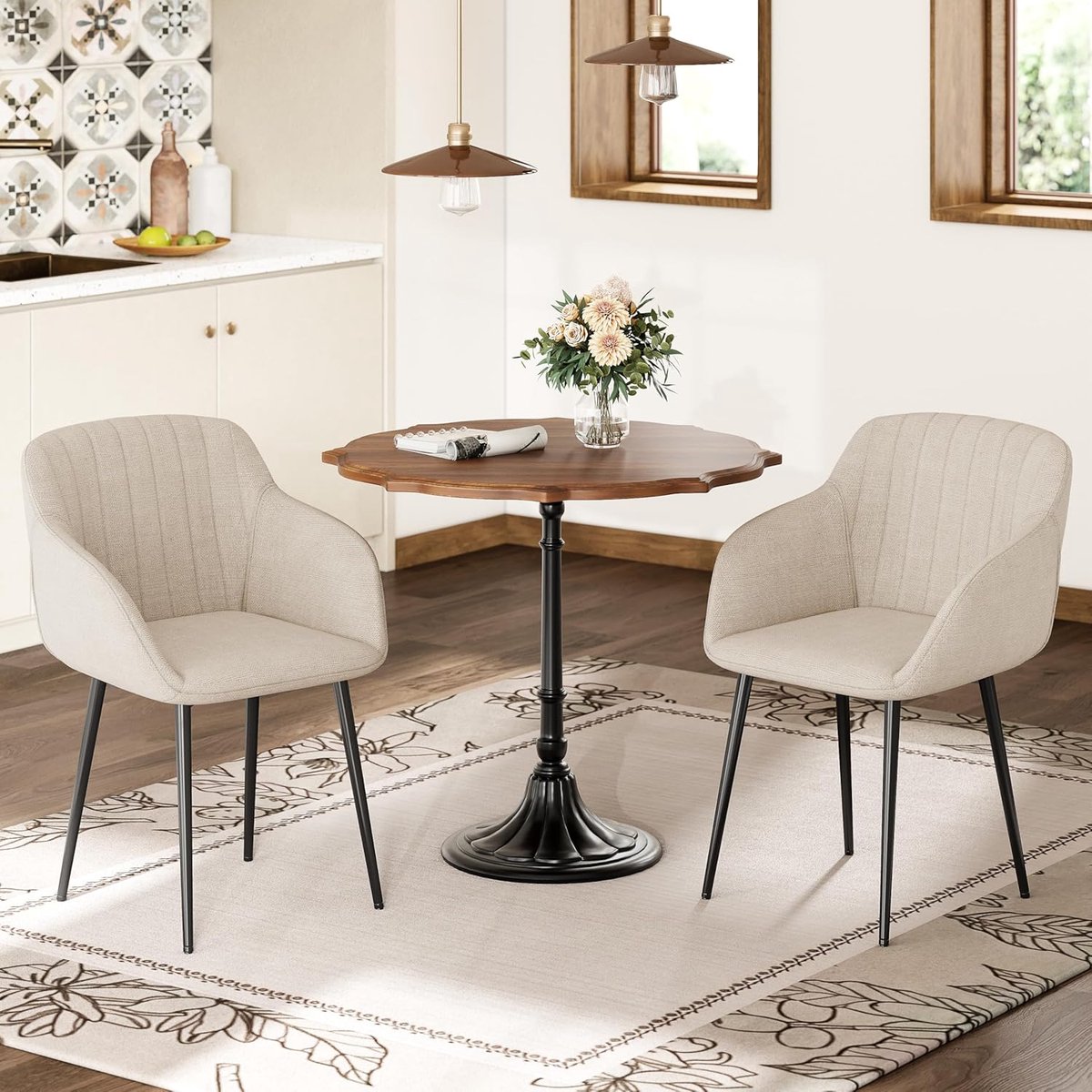 Eetkamerstoel Set van 4 met Armleuningen 57,5x63x82 cm Beige – Gestoffeerde Keukenstoel, Luxe Beklede Stoelen met Metalen Poten, Ergonomische Eettafel Stoelen voor Eetkamer Woonkamer Slaapkamer – Vermissen