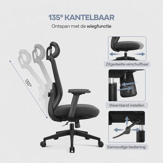 Zwarte ergonomische bureaustoel 135° kantelbaar, met uitleg over de verstelmogelijkheden.