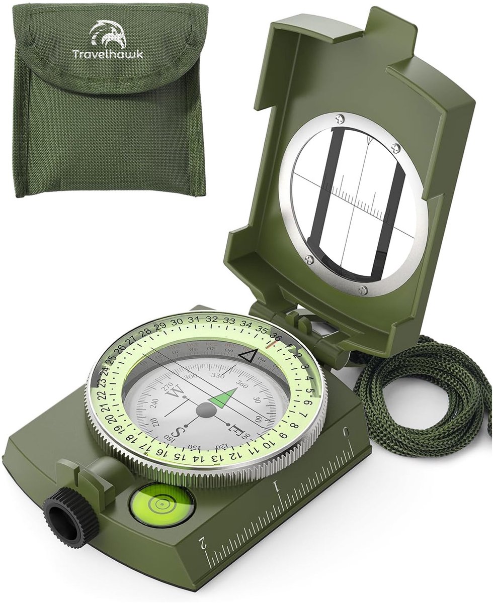 Travelhawk Kompas - Marskompas - RVS - Inklapbaar - Kaartlezer - Liniaal - professioneel zakkompas met draagriem voor jagen, wandelen en outdoor activiteiten, kamperen, waterdicht en schokbestendig - Survival - Groen