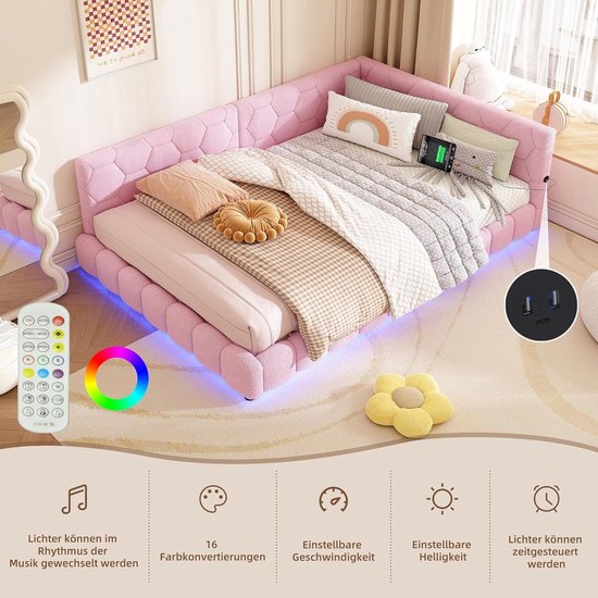 Dagbed Slaapbank 140x200 cm Roze Fluweel – Slaapbank met Lattenbodem & MDF Frame, Modern Kinder-, Tiener- en Logeerbed 200 kg Draagkracht