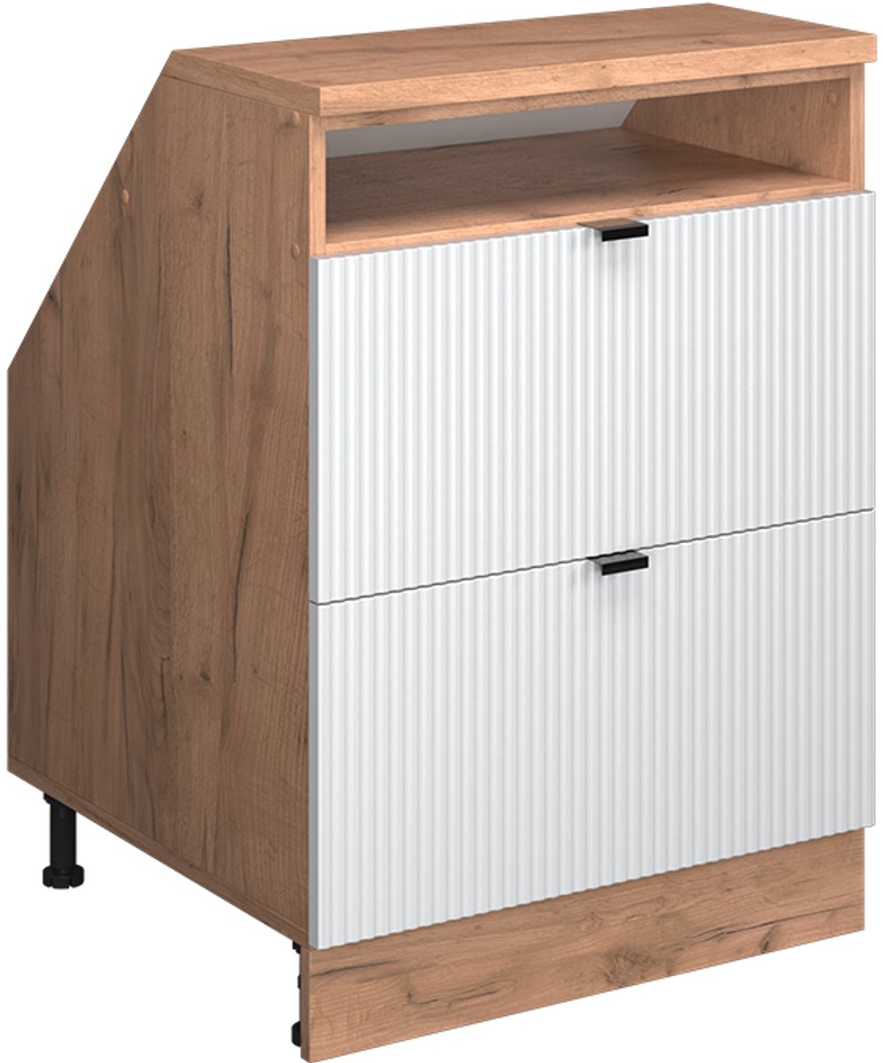 Vicco R-Line Keukenkast voor schuine wand – 60 cm met 2 laden, kastromp 60 cm diepte Witte golf Witte golf/Goudkleurig Eiken