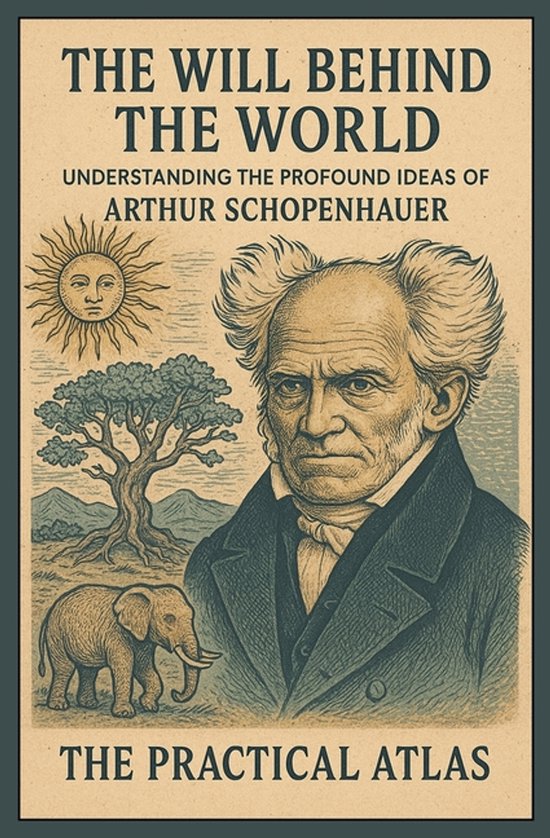 Boekomslag met een portret van Arthur Schopenhauer, een zon, een boom en een olifant in een vintage tekenstijl.