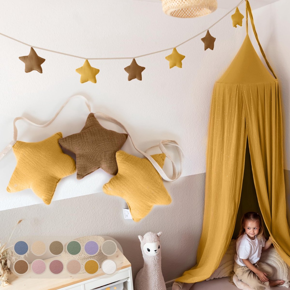 LILIMAUS Sterren slinger kinderkamer - stoffen slinger van mousseline katoen - 300 cm - geel en bruin