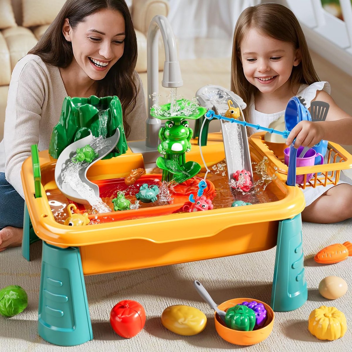 2-in-1 elektrische keukenwasser speelgoed - voor peuters van 3-8 jaar - Multifunctionele watertafel met stromend water en waterpomp - Vismetspel, keukenrollenspel, met accessoires voor eten en servies, verjaardagscadeau voor jongens en meisjes - geel — afbeelding 6