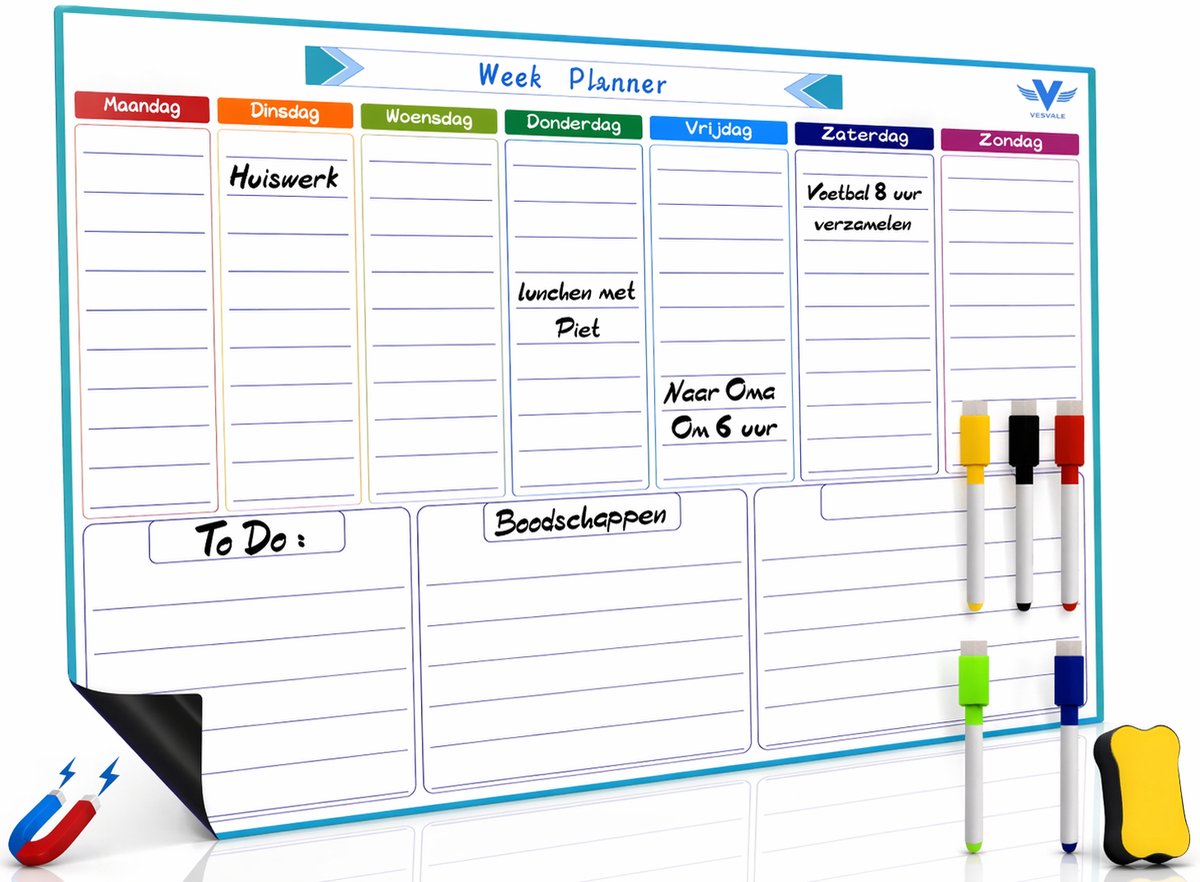 Vestifex® Weekplanner Whiteboard A3 Formaat - Maandplanner - Familieplanner - Magnetisch Planbord - Inclusief 5 Markers en Wisser