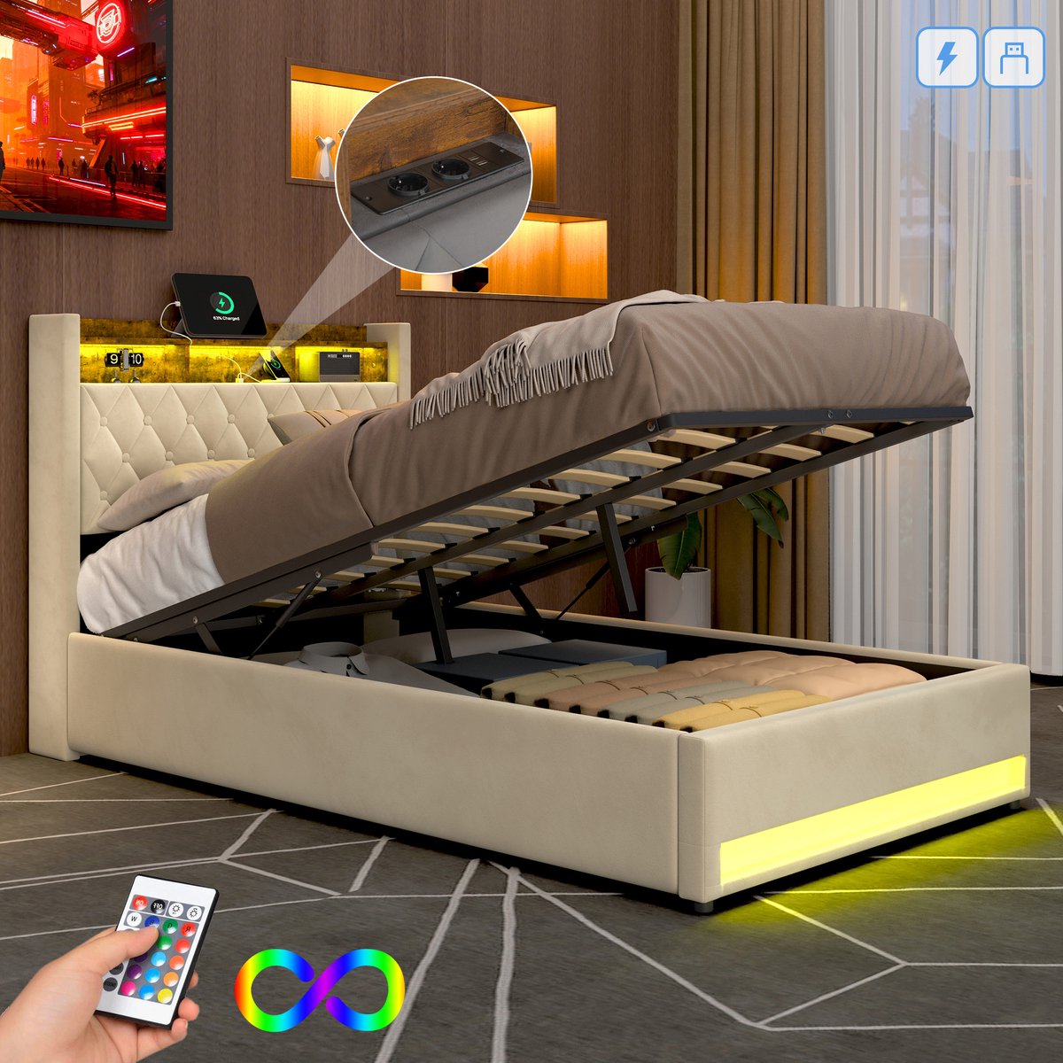 MODFU Polsterbed 140x200 cm – Fluweel beige – Ergonomisch met veerkrachtig schuim – Met LED & USB – Incl. lattenbodem – Slaapkamer