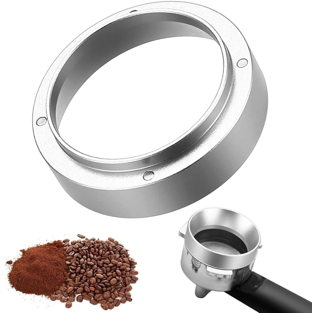Professionele 51mm koffie dispenser met espresso vulhoorn, zeefhouder en magnetische hopper voor nauwkeurige dosering en perfecte koffie-extractie