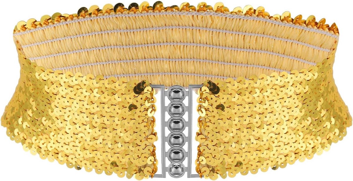 Carnaval Disco Sequins Brede Chunky Riem met Metalen Gesp - Glanzende Gouden Elastische Taille Cinch voor 70s 80s Kostuumfeest en Feestelijke Outfits