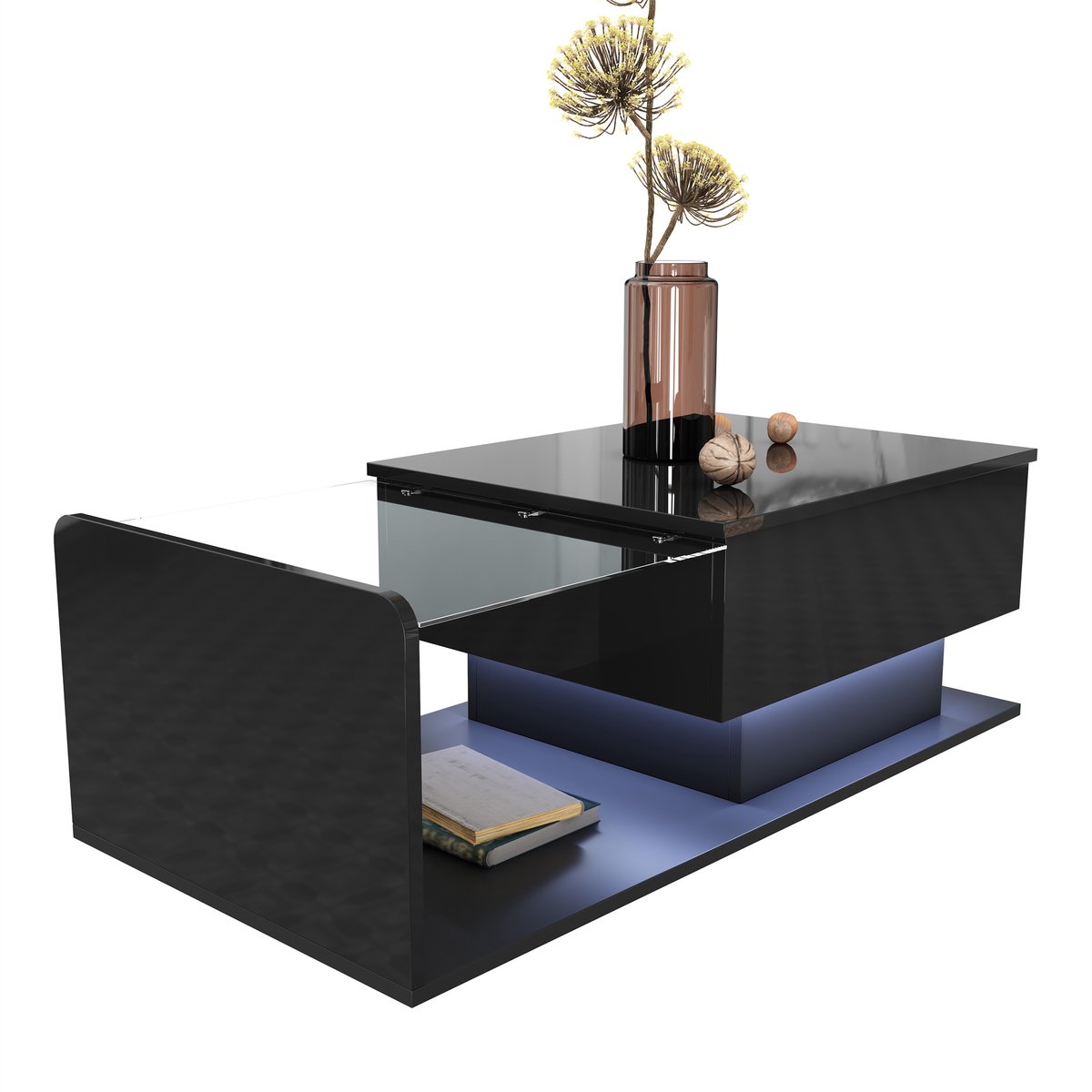 YYchan Salontafel - Moderne Koffietafel met App-gestuurde LED - Gehard Glas In Hoogte Verstelbaar - Modern Design - 100 cm - Zwart