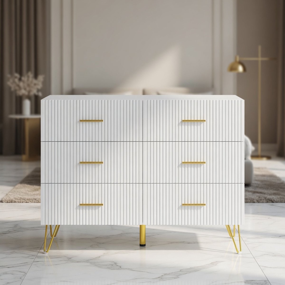 Luxor Modern Dressoir met 6 Lades Wit & Goud – 100x40x75 cm – Luxe Scandinavische Ladekast / Commode / Opbergkast voor Woonkamer, Slaapkamer & Hal – Mobili Bella