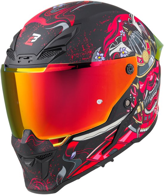 Casque noir avec design samouraï, éclaboussures rouges et visière miroir rouge.