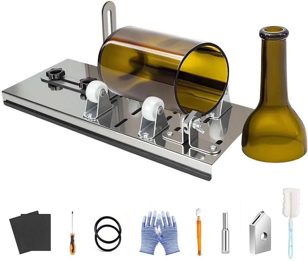 Glasfles Snijder Set - RVS DIY Flessensnijder met 5 Verstelbare Wieltjes - Inclusief Handschoenen, Schuurpapier & Accessoires