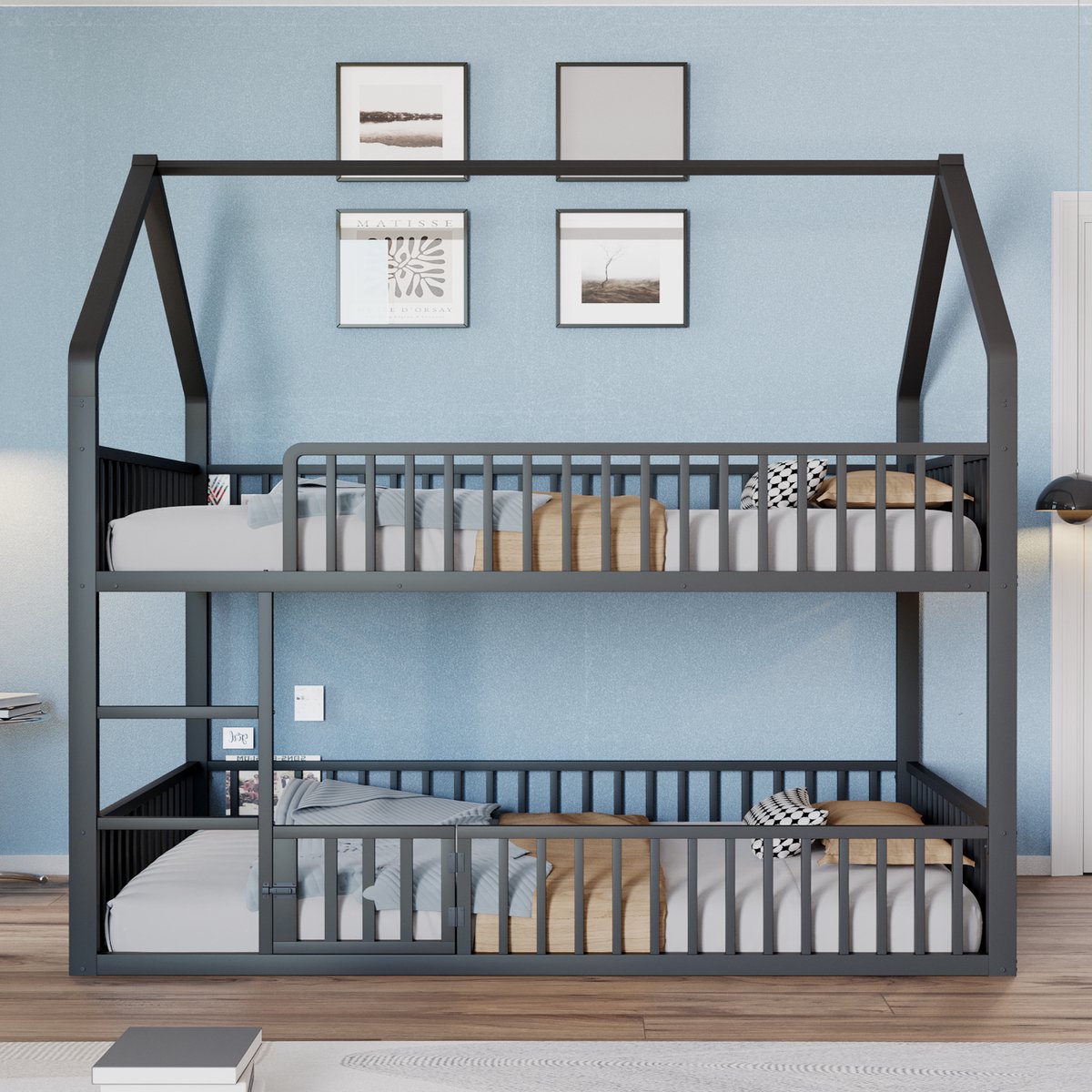 VVBV Stapelbed 140x200 – Ladder – Lattenbodem – Voor Kinderen en Tieners – Familiebed – Zwart – Metaal – Kinderstapelbed met Trap Black