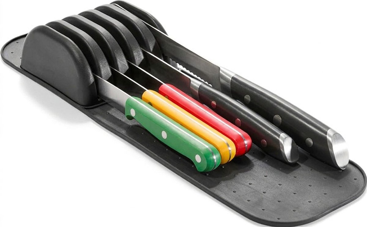 Messenhouder lade - 5 messen - Antislip Messenorganizer - Compact - Zwart - Messenblok voor lade - Keukenlade Organizer - BPA-vrij - Veilig Opbergen - Messenrek - Klein - Zacht-grip - Keuken Accessoires