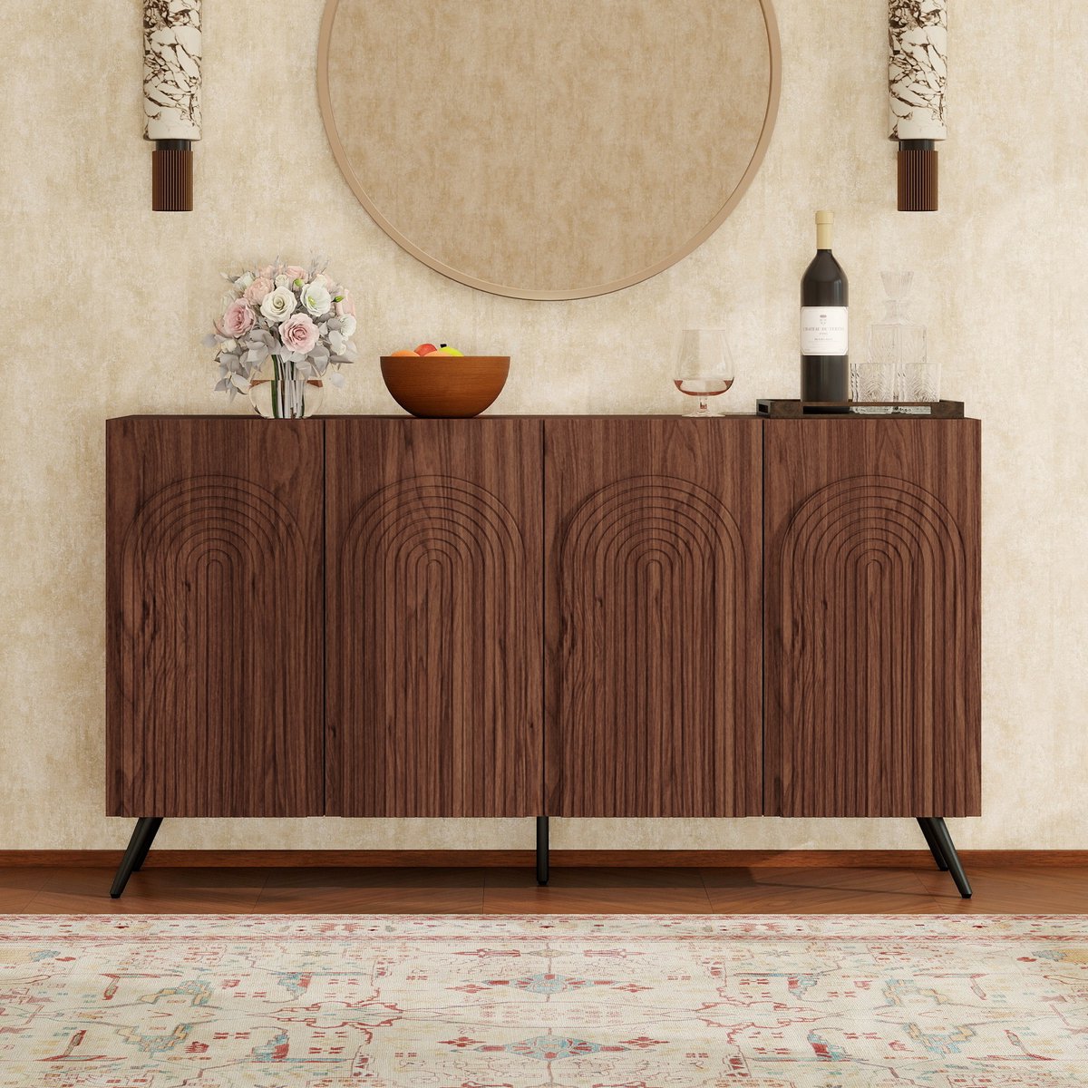 BLACKCOLORS Dressoir in mid-century-design, halmeubel in walnoothoutlook met 3D-groeven & boogdeuren, houtcomposiet, verstelbare legplanken, goudkleurige metalen poten