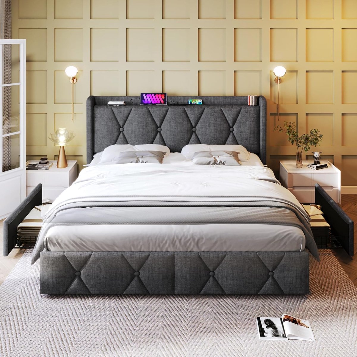 Luxe Gestoffeerd Opbergbed 160x200 cm met 4 Lades en Hoofdbord – Modern Tweepersoons Bedframe met Lattenbodem en Grote Opbergruimte in Grijs