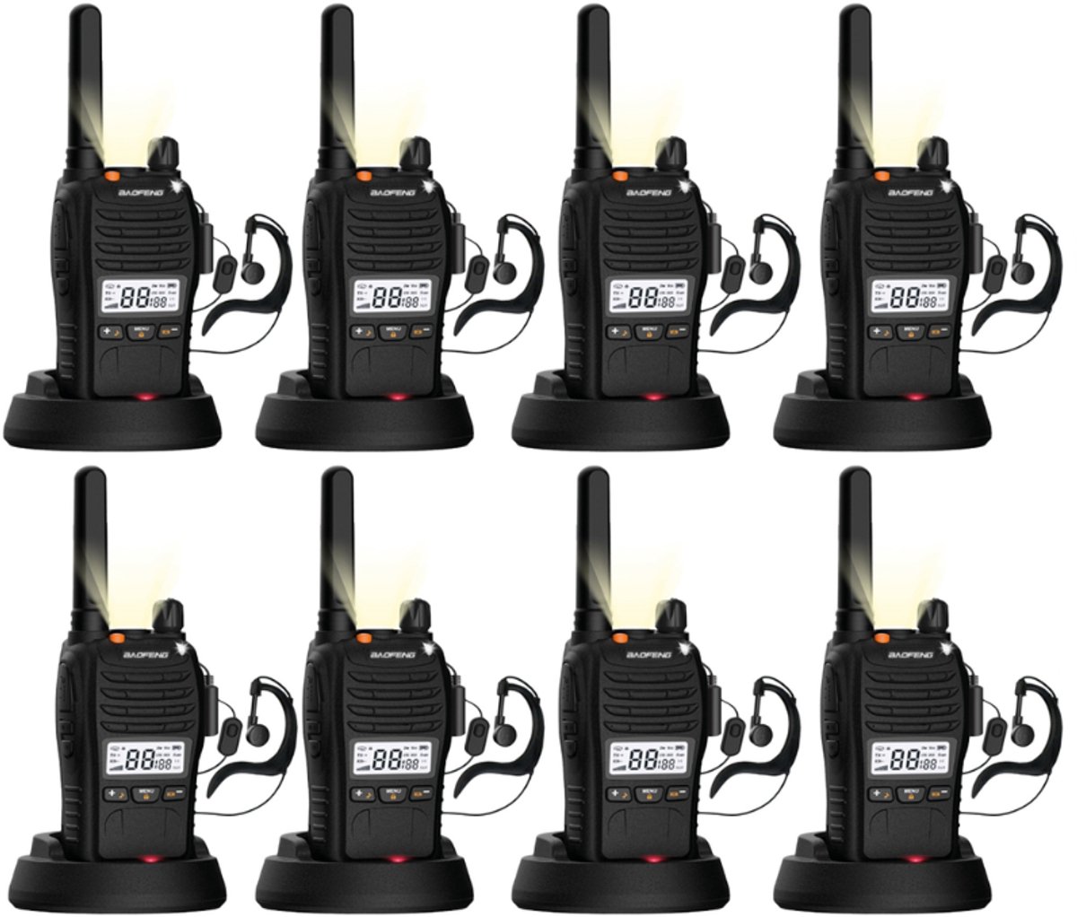 Set van 8x Baofeng E88 PMR portofoons met display - Geen vergunning nodig - Met display en headsets - Walkie Talkie - E88 portofoon