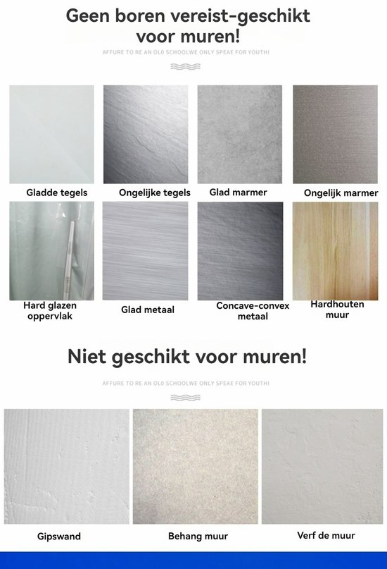 Collage van muurtypes, met de tekst "Geen boren vereist-geschikt voor muren!", met geschikte en ongeschikte oppervlakken.