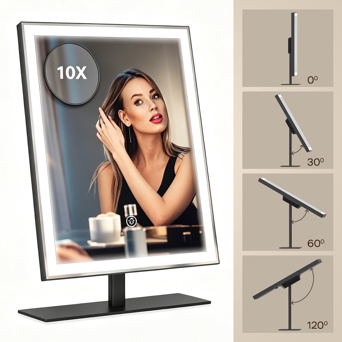 ANTENLICHT Make Up Spiegel Met Verlichting - 34x25CM - 10x Vergroting - Dimbare Make-upspiegel - Scheerspiegel - LED Verlichting - USB-COplaadbaar - Draaibaar - Zwart