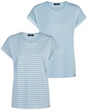 Twee dames tops: een lichtblauwe effen top en een lichtblauwe gestreepte top.