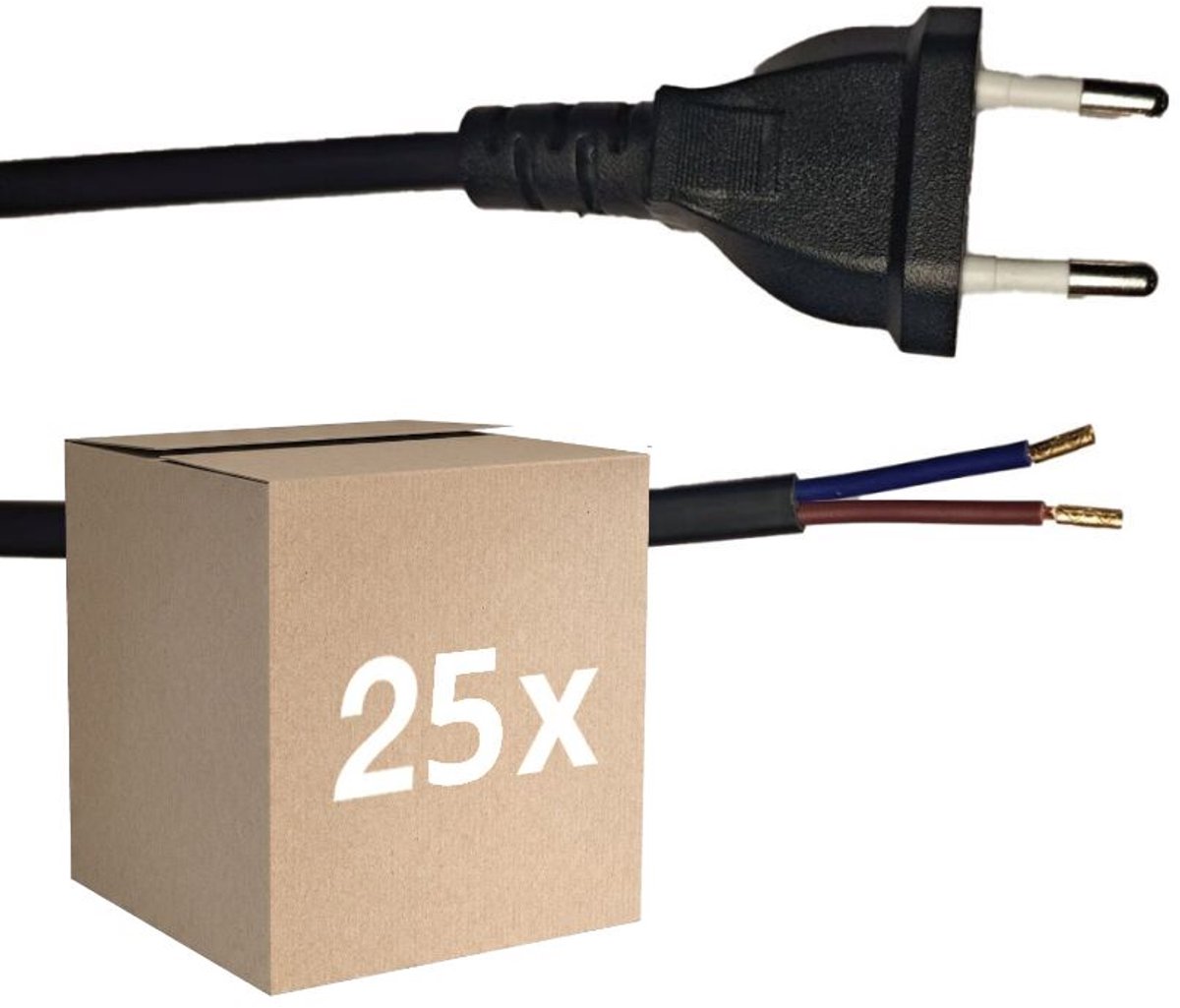 Voordeelpak 25x Noxion Euro Voedingskabel Zwart - C7 Europlug + Open uiteinden - 2m - 2 pole 0,75mm2.