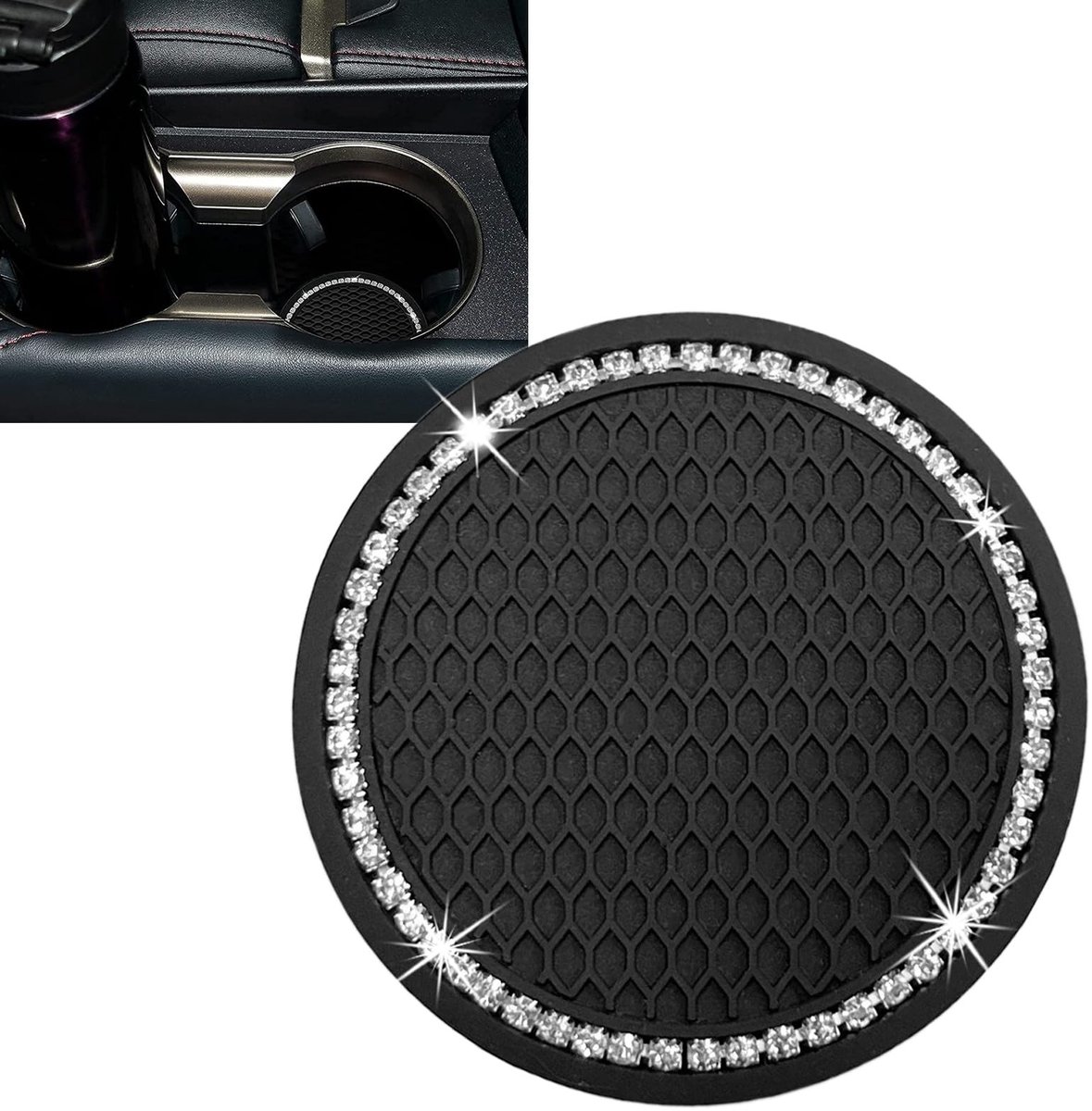 ONF3 - Auto Bekeronderzetters - Antislip Onderzetters - 7 cm Bling Rijnsteen - Zwart - Essentiële Auto Accessoires - Voor Vrouwen en Mannen
