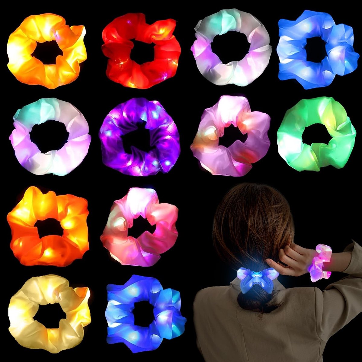 aladdien - Lichtgevende haarelastiekjes - LED-haarbanden met 3 lichtmodi - Elastisch donker haarelastiek - Scrunchies voor vrouwen - Geschikt voor f..