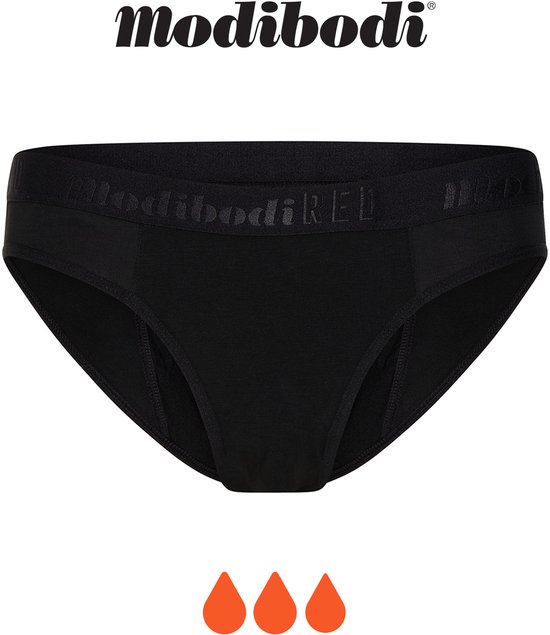 Zwarte Modibodi hipster bikinislip met logo op de tailleband en druppelsymbolen.