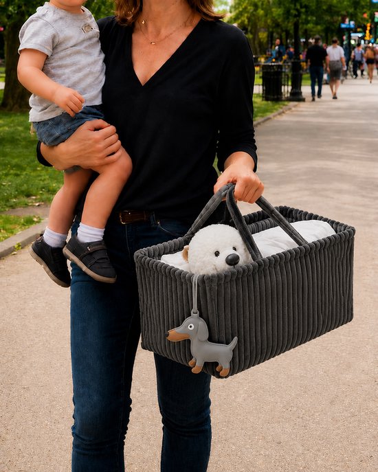 Opvouwbare Luiertas Organizer Bruin - Corduroy Luiermand met Vakken en Verdelers - Baby Opbergmand voor Luiers, Doekjes en Accessoires - Draagbare Nursery Caddy - Grijs van Merkloos — afbeelding 2