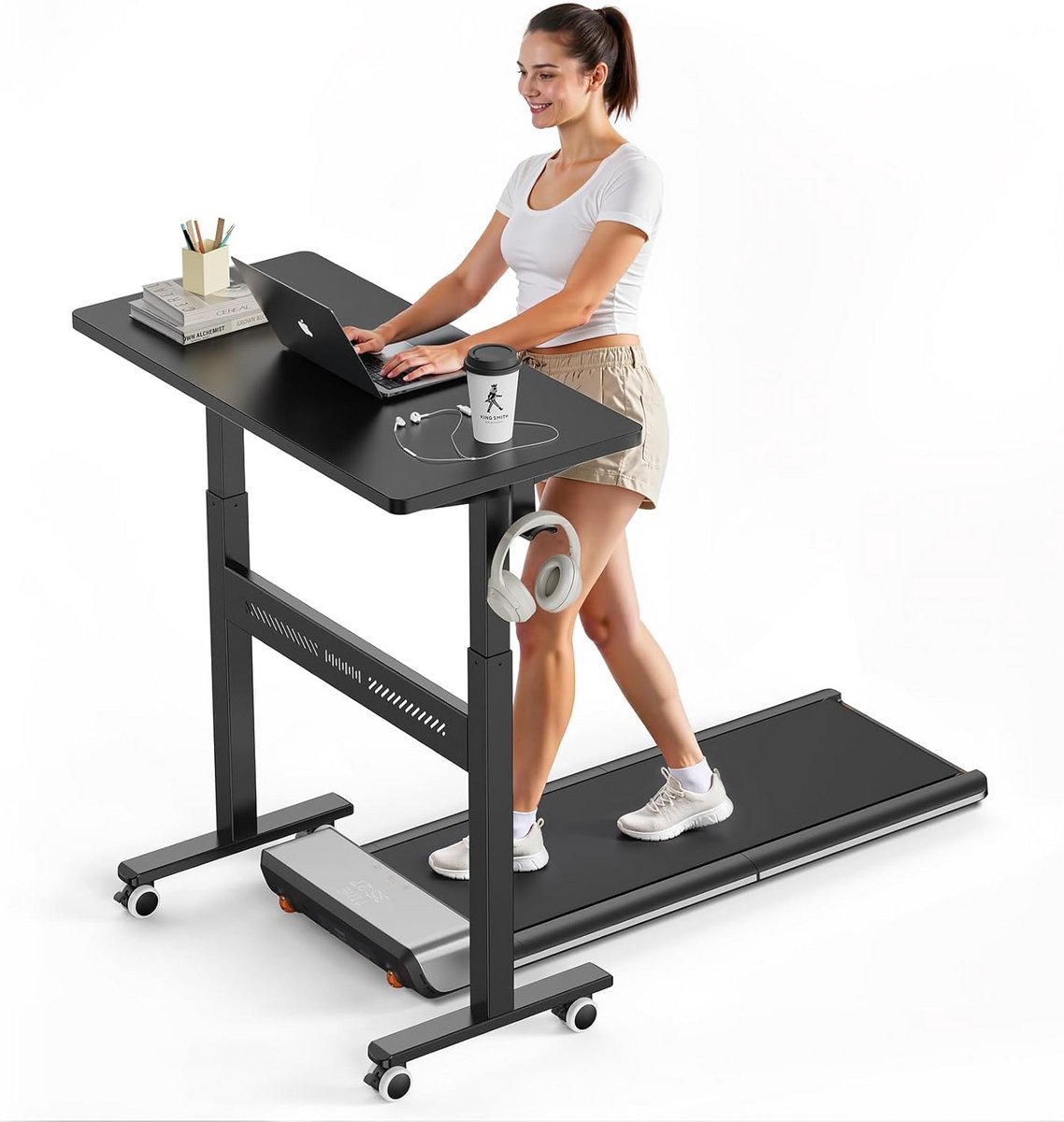 Pneumatic Standing Desk with Wheels, Whole Shelf Rolling Height Adjustable Desk Riser (28-43 inch), 15 Minutes Easy Assembly, No Buttons or Crankshaft, Mobile Table for Hiking Path