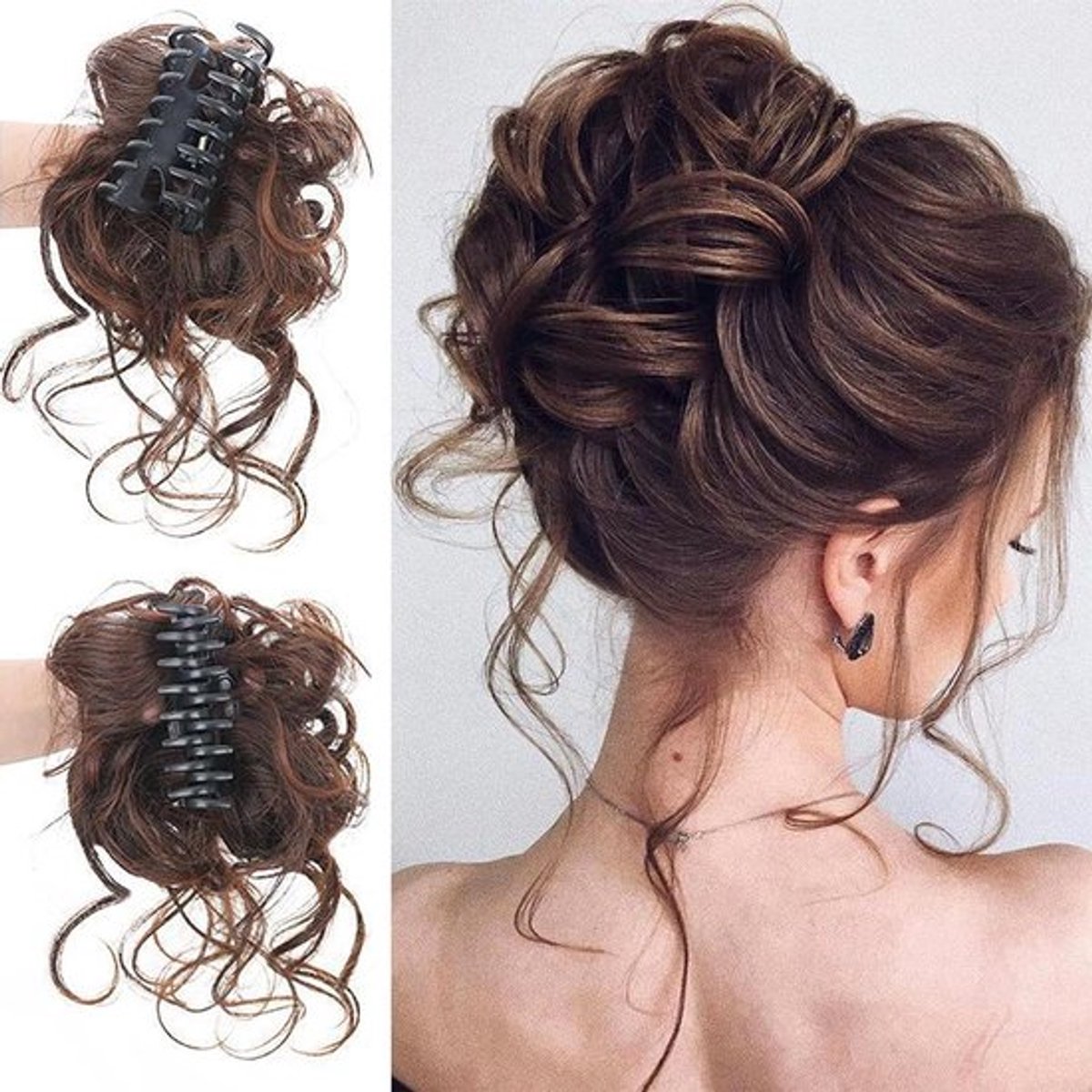 Donkerbruine Synthetische Krullende Messy Bun Haarelastiek met Clip