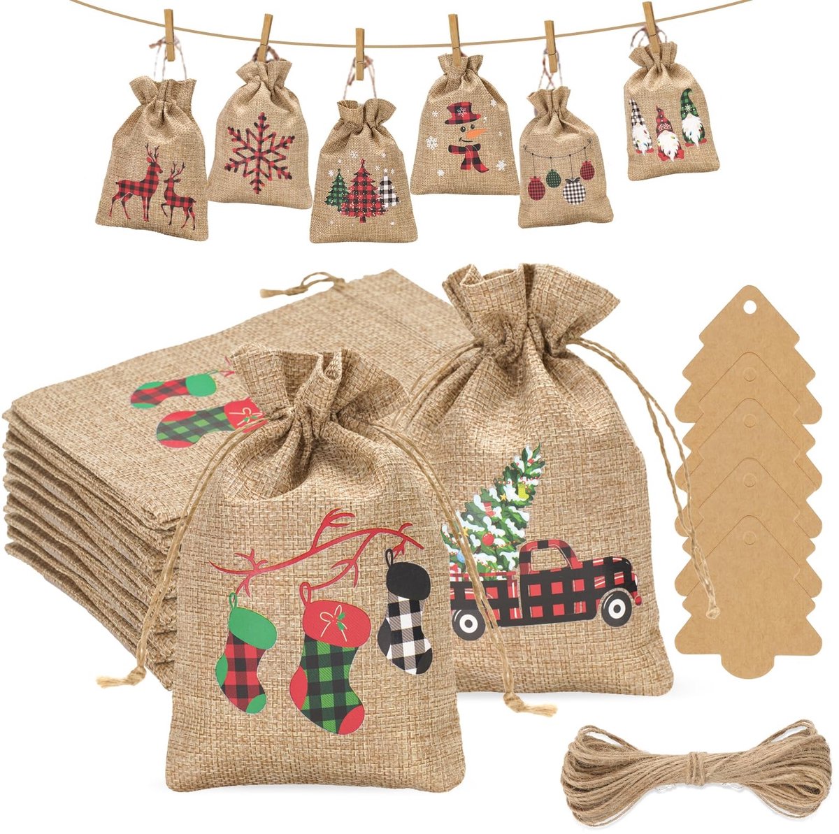 aladdien - Grote adventskalender - Jute zakjes - 24 stuks - 13 x 18 cm - Kerstcadeauzakjes - Decoratie voor kerstboom - Geschikt voor kerstdecoratie