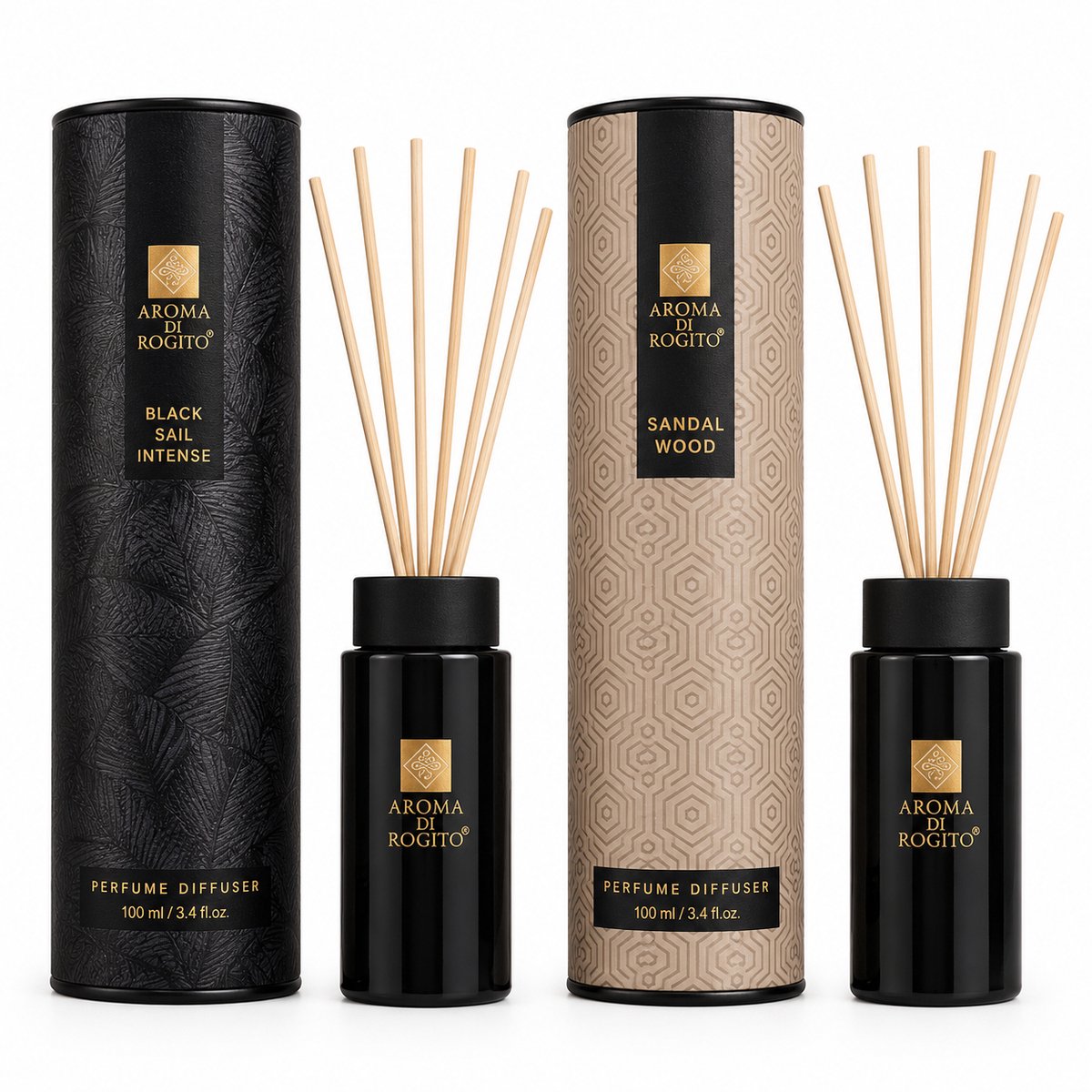 EasyMart Geurstokjes Set – Black Sail Intense & Sandalwood – Premium Huisparfum – Geurverspreider met 12 Rotan Stokjes – Luxe Geurset voor Woonkamer, Badkamer & Interieur – 100ml x2