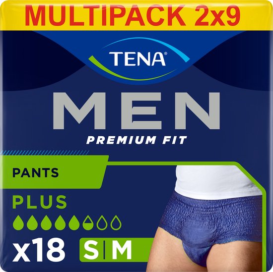 TENA MEN PREMIUM FIT. Blauwe slip met elastische tailleband. 18 stuks, maat S/M.