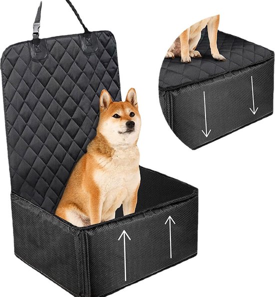 Zwarte, opvouwbare hondenautostoel met ruitpatroon, voorin een Shiba Inu. Een close-up toont de verstevigde hoeken.